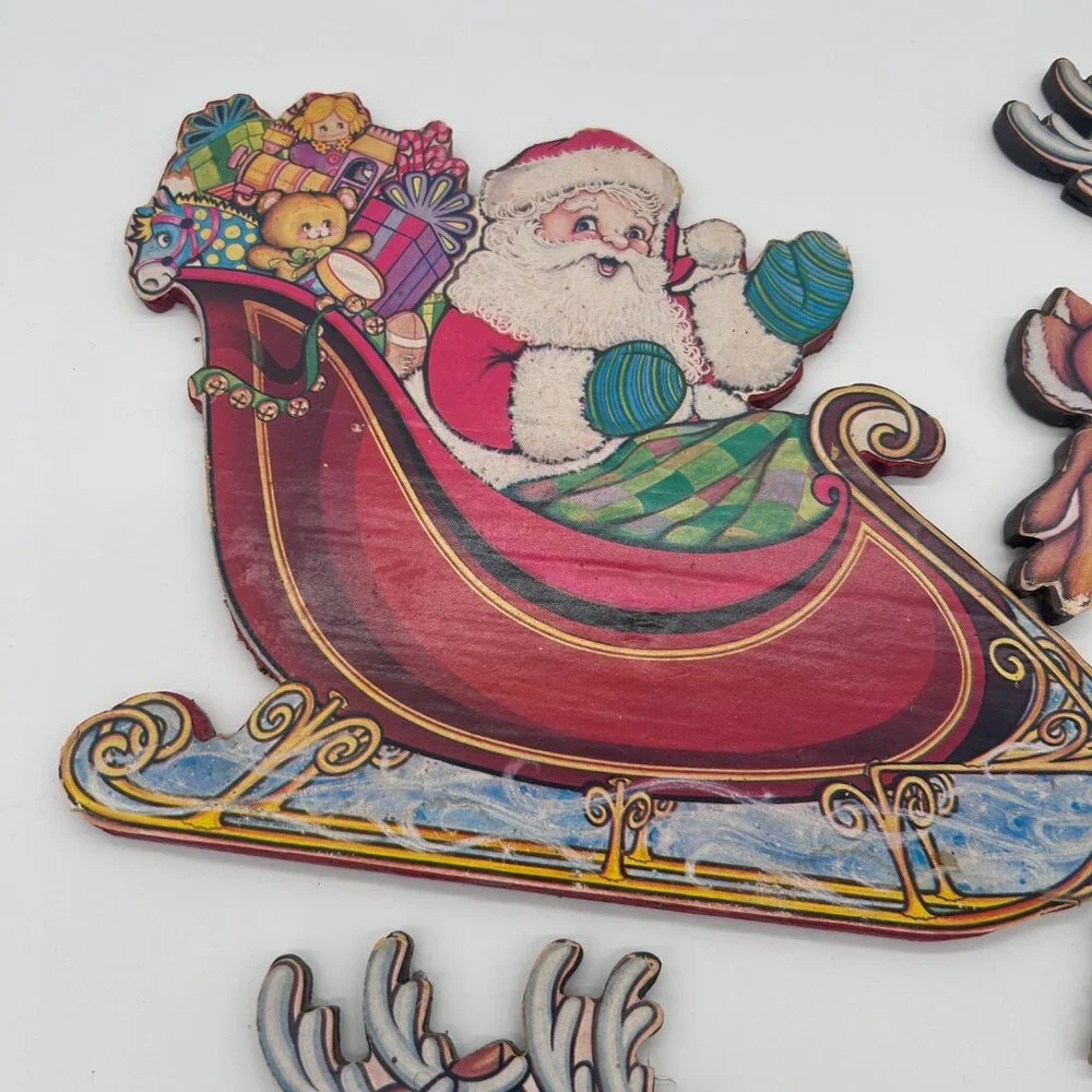 VTG Beistle Santa Sleigh & Reindeer Christmas Die Cut Decoration ON‎ WOOD